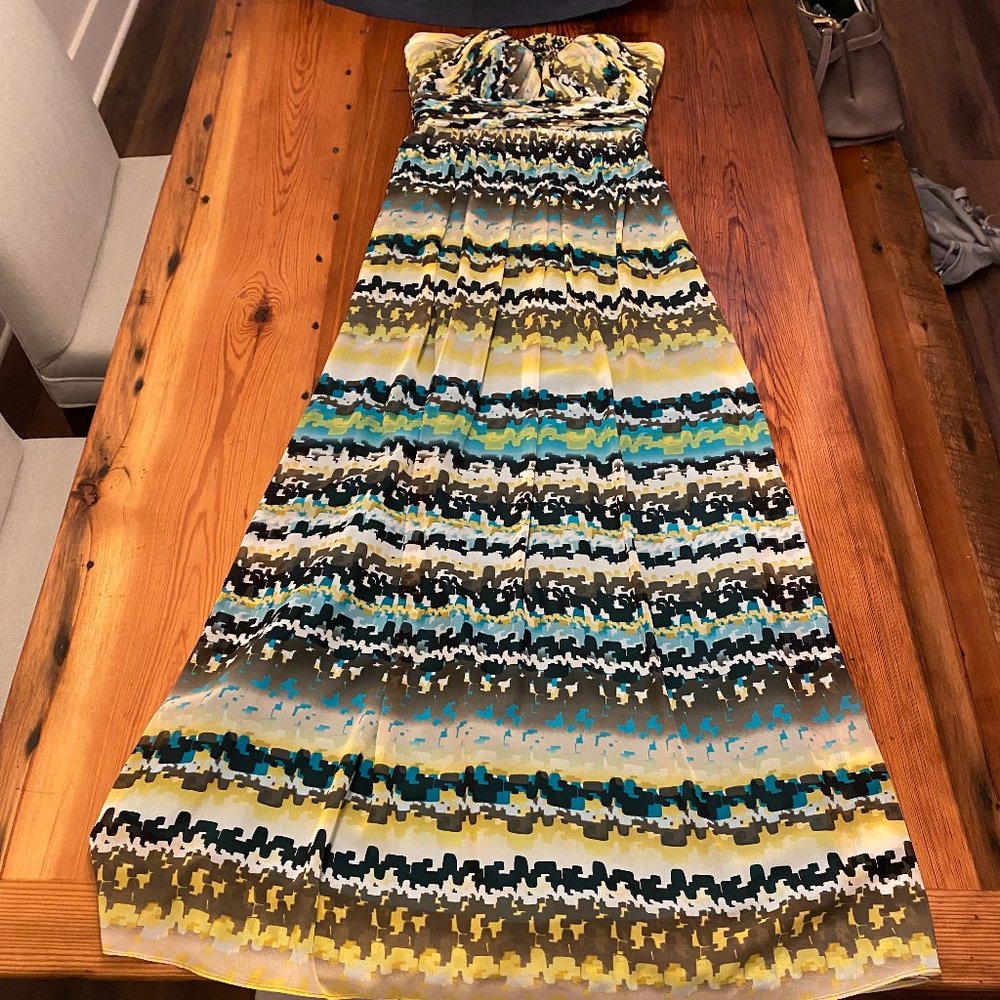 Max & Cleo Blue Yellow Multi Print Beaded Chiffon Strapless Maxi Gown Dress - 4 - Picture 4 of 9